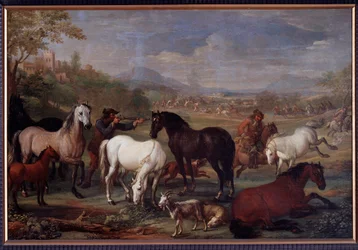 Landskap med hästar Målning av Jan Hamilton (1600-talet) Dim 60x90 cm Genes, Musei di Strada Nuova (ex Palazzo Bianco)