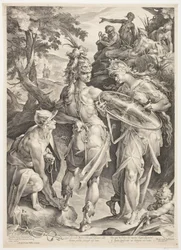 Minerva och Merkurius beväpnar Perseus för hans möte med Medusa