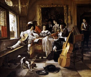 "" Familjekonsert "" Scen i holländsk interiör. Målning av Jan Steen (1626-1679) 1666 Chicago, Art Institute of Chicago