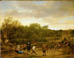 Bönder som spelar kägelspel, ca 1650 (olja på ek)