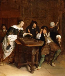 Gentlefolk som spelar backgammon i en interiör