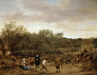 Bönder som spelar bowling, av Steen, Jan Havicksz (1626-1679). Olja på trä, c. 1655. Storlek: 67x85,5 cm. Konsthistoriska museet, Wien