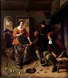 De trasiga äggen (inne i ett värdshus). Grupp glada karaktärer i holländsk mat. Mannen som lyfter kvinnans kjol är ett självporträtt av målaren. Målning av Jan Havickszoon Steen (1625/6-1679) 1665-1670 sön. 43x38 cm London, National Gallery - The Inte