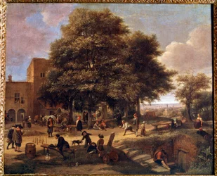 Spelet bowling Grupp bönder som leker och vilar på en gård. Målning av Jan Steen (1626-1679)