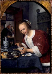 Ung flicka äter ostron Målning av Jan Steen (1626-1679) Sön. 0,14x0,2 m Haag. Mauritshuis