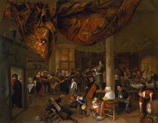 Bybröllopsfest med festdeltagare och dansande sällskap, 1671