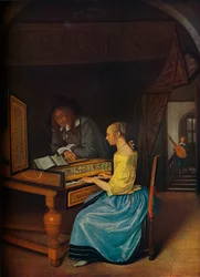 En ung kvinna spelar cembalo för en ung man, 1659