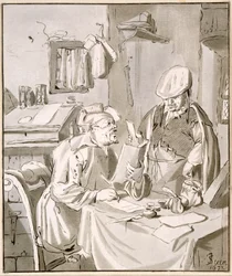 Två män som diskuterar pengar på ett kontor, 1672, kopierat av Cornelis Ploos van Amstel (1726-98) eller Christian Josi (ca 1765-1828)