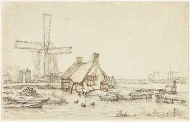Landskap med hus och väderkvarn