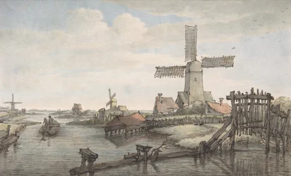 Utsikt över en kanal med tre väderkvarnar, sent 1700-tidigt 1800-tal.