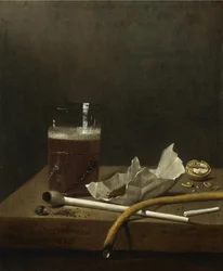 Stilleben med ett glas öl, en pipa, tobak och andra förnödenheter för rökning, 1658