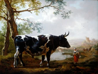 En pristjur i ett grönskande landskap (olja på panel)