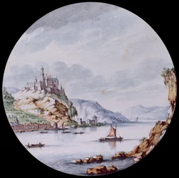 En utsikt längs Rhen med byn St. Goar och slottet Rheinfels (svart bly, penna, grått bläck och akvarell)