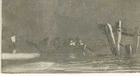 Roddbåt med figurer på en flod