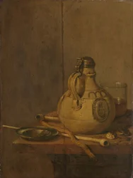 Stilleben med stengodskanna och rör