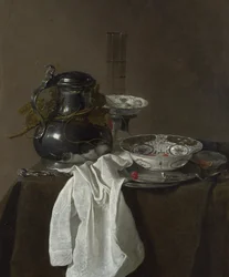 Stilleben med en tennflagon och två Ming-skålar, 1651