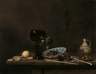 Stilleben med Roemer, flöjtglas, lergodskanna och rör