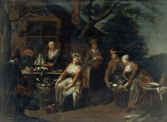 En grupp bönder, grönsaker och frukt