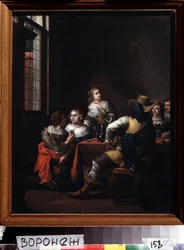 ""Les festivites"" (The merrymeeting) grupp ryttare och damer samlades glatt runt ett bord. Målning av Jan Joseph Horemans den äldre (1682-1759) 1700-talets Ivan Kramskoy (eller Kramskoi) konstmuseum i Voronezh (Voronezh), Ryssland.