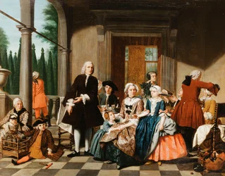 Porträtt av en familj som äter på en portik, en formell trädgård bortom, 1747