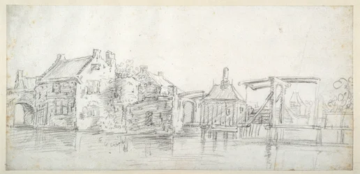 En kanal med byggnader, inklusive ett tullhus och en tullbro, c.1650 (svart krita på vitt papper)