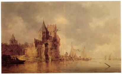 Ett medeltida torn på en slottsvall med segelfartyg vid en brygga och en roddbåt i förgrunden, ca 1642 (olja på panel)