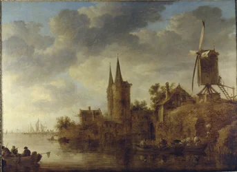 Ett flodlandskap med en capriccio av Oostport, Delft, ca 1644 (olja på duk)