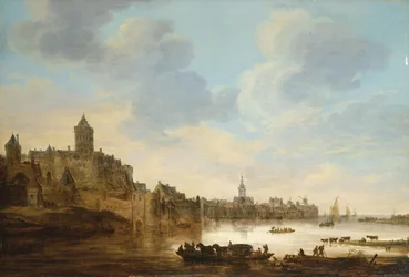 En stad på stranden av en flod, med en färja, 1648