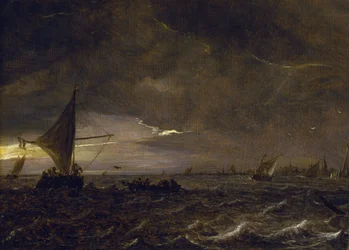 Fiskebåtar i en flodmynning i skymningen, med utsikt över en stad och dess klocktorn i horisonten. Olja på trä av Jan van Goyen (1596-1656).