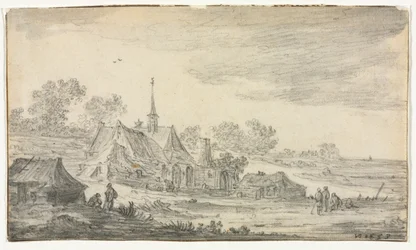 Grupp av byggnader vid en strand, 1653.