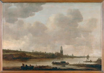 Utsikt över Rhenen vid Rhen med kyrkan Sainte-Cunera ...