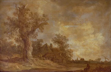 Skogbevuxen landskap med figurer och ek
