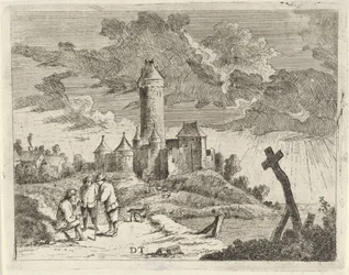 Landskap med ett slott och tre män
