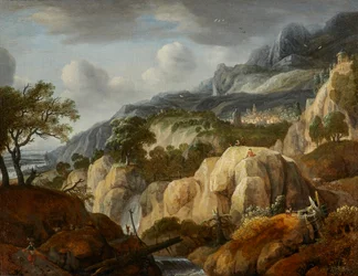 Bergslandskap med en tecknare