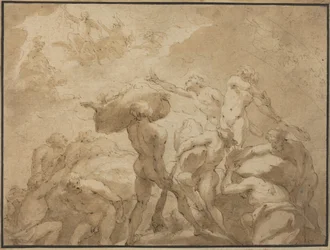 Battle of the Gods and Giants from Mount Olympus and Mount Othrys (penna och brunt bläck med brun lavering på filtpapper)