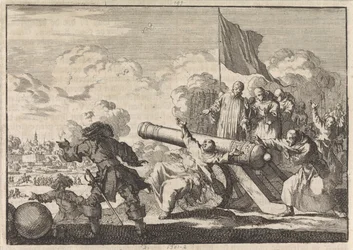 Belägring av Groningen där en kanon välsignas av sex munkar, 1672