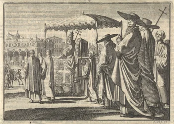 Christian IV, kung av Danmark, klädd som påve, imiterar en procession med sina hovmän, 1596