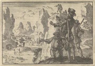 Beväpnade spanjorer ser ner på helt vilda människor från klippor, ca 1600