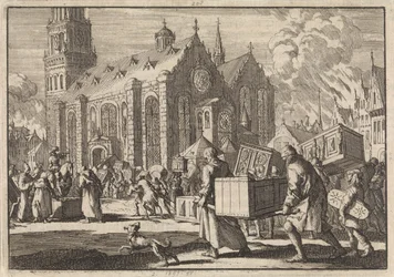 Invånarna i Spires tar i god tro sina möbler till katedralen där de sedan bränns av den franske generalen Monclar, 1689