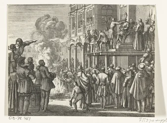 Jacob van Campen med mitra på huvudet på schavotten i Amsterdam, 1535