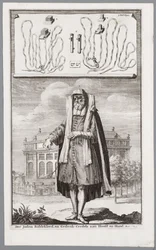 Judisk man, klädd för bön. På bakgrunden den portugisiska synagogan i Amsterdam