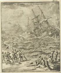 Skeppsbrott vid Godahoppsudden, 1693 The Crash of Three Ships at Cabo de Bonne Esperance (titel på objekt)