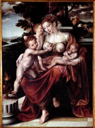 Allegory of Charity (Kvinna som matar flera spädbarn) Målning av Jan Metsys (eller Massys) (1509-1575) Dim 120x90 cm Genes, Musei di Strada Nuova (ex Palazzo Bianco)
