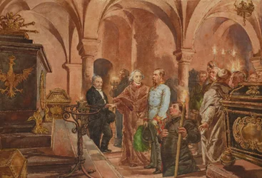 Polska: Kejsaren framför kung Jan III Sobieskis sarkofag i S:t Leonards krypta i Wawelkatedralen