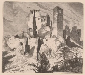 Ruinerna av slottet i Odrzykoń, 1865 - träsnitt efter en teckning av Jan Matejko