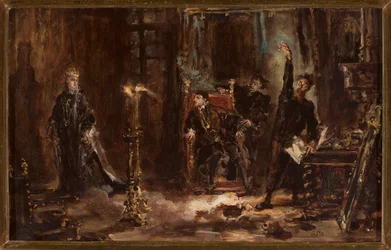 Twardowski frammanar Barbaras ande inför Sigismund August, skiss