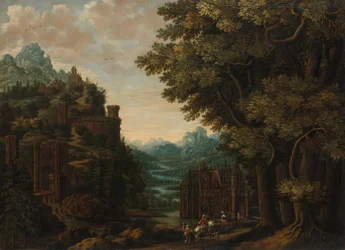 Bergslandskap med floddal och slott