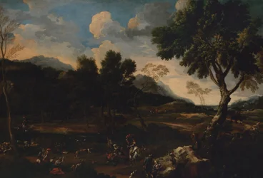 Landskap med en kamp mellan två baggar, ca. 1640.