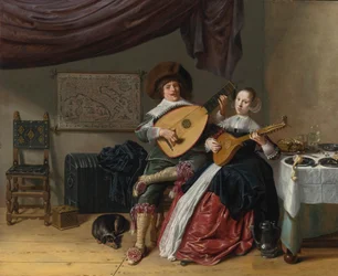 DUETTEN:  ETT SJÄLVPORTRÄTT AV KONSTNÄREN MED SIN FRU JUDITH LEYSTER, TROLIGEN DERAS ÄKTENSKAPSPORTRÄTT