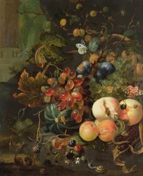 Stilleben av frukt och insekter